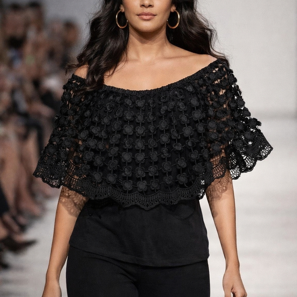 Thalia Sodi Black Crocheted Off-Shoulder Top